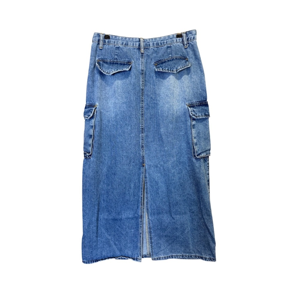 Forever 21 Womens Jean Cargo Denim Maxi Skirt Large Utility Pockets Back Slit - Picture 2 of 12